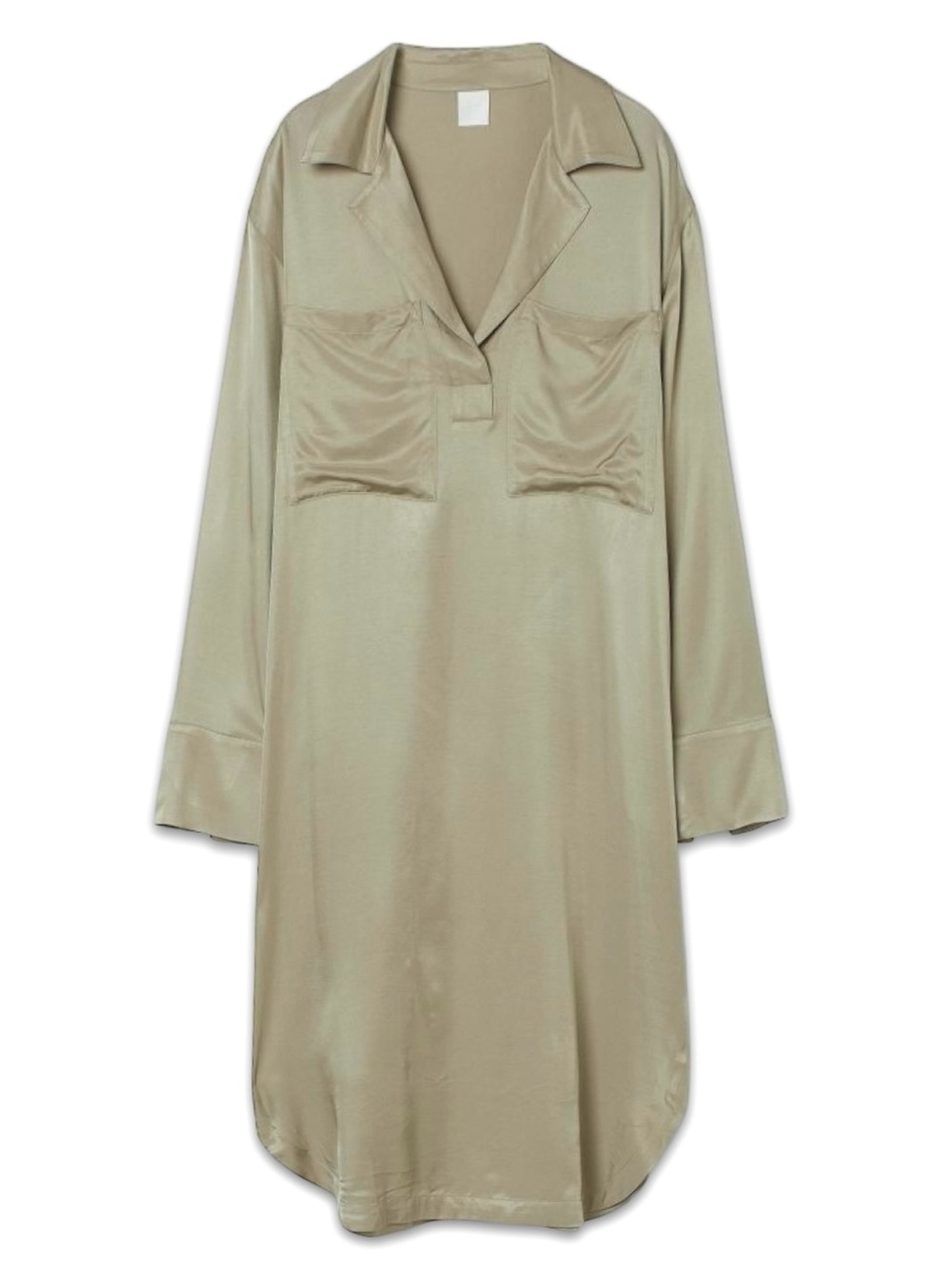 H&M Satin Utility Shirt Dress Taupe Khaki Midi Tunic Dress size small gray